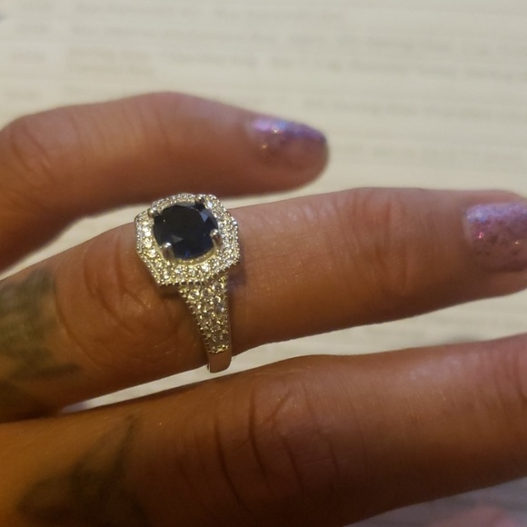 Blue Sapphire Diamond Silver Ring - Picture 2 of 3